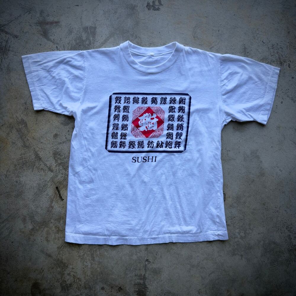 Vintage 80s Sushi Japanese Graphic Tee Shirt White M